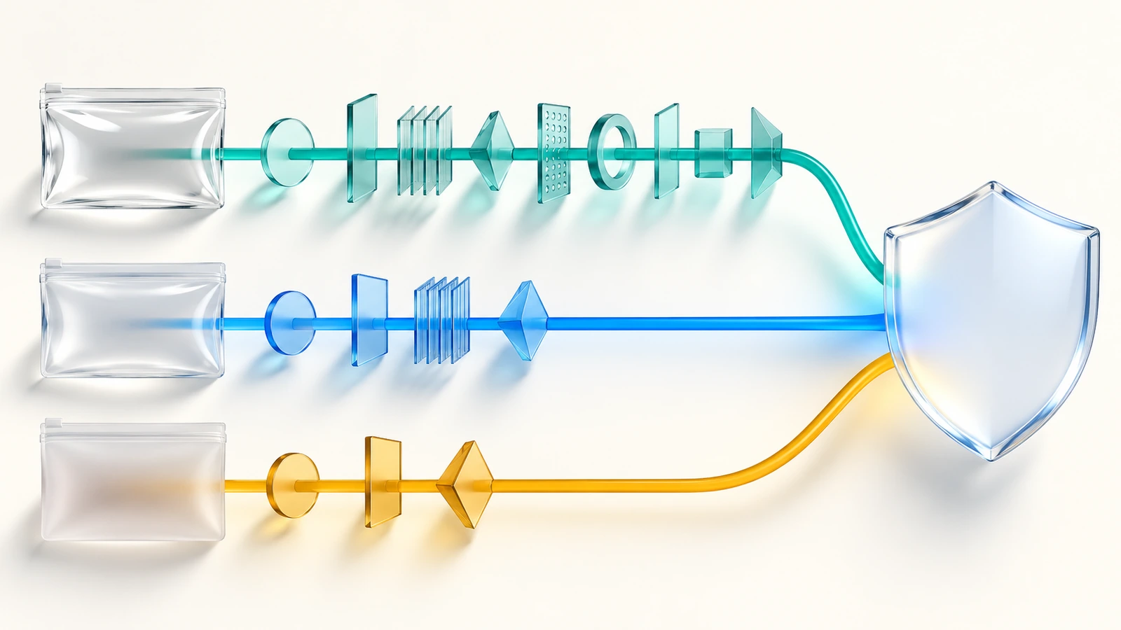 Абстрактная схема: три иконки прозрачных пленок, каждая проходит через разные контрольные ворота к форме щита, показывая, что каждый материал проходит свой путь соответствия