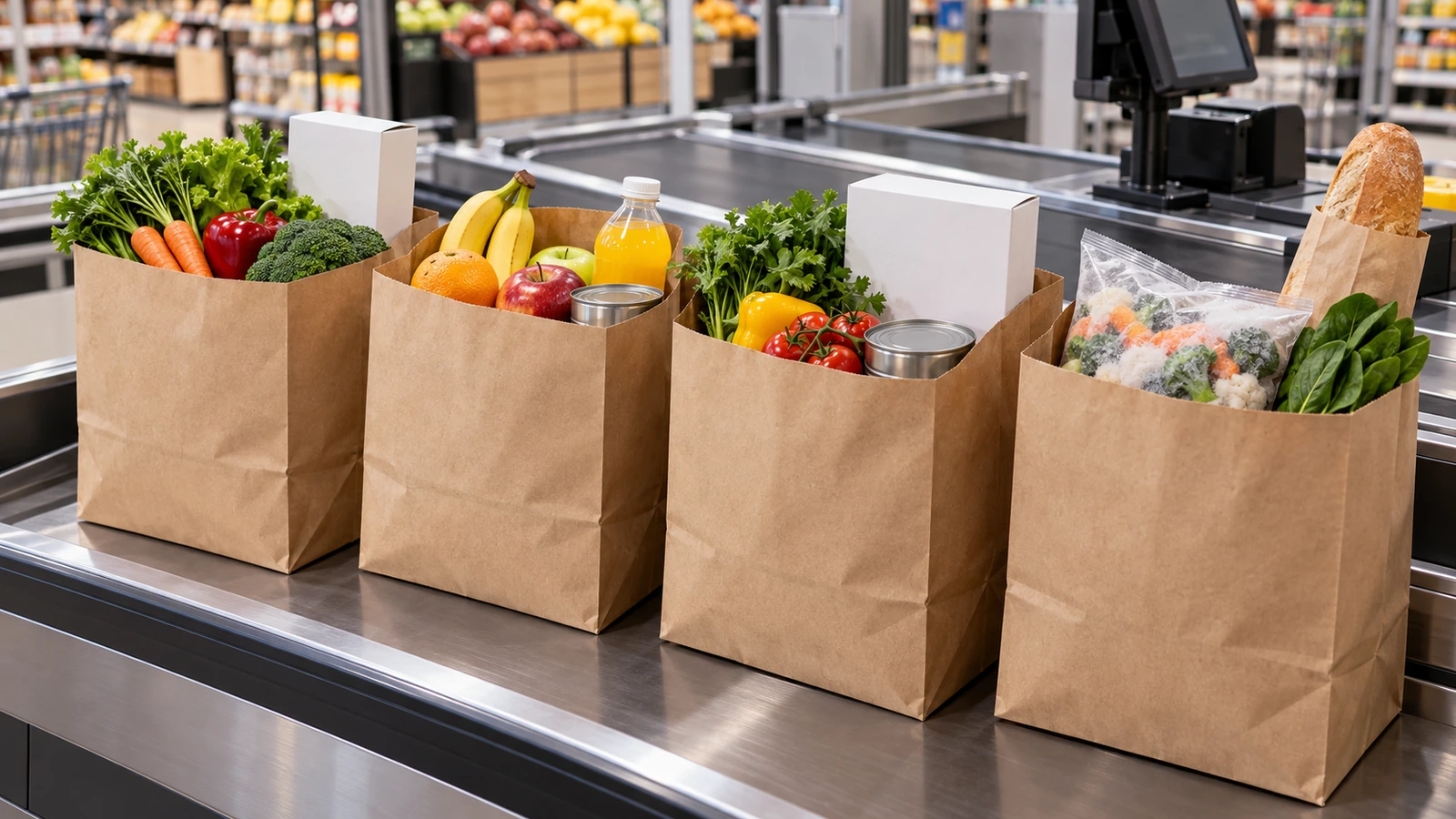 Кассовая линия супермаркета с простыми коричневыми крафт-пакетами для продуктов, наполненными овощами и фруктами, бутылками и коробками