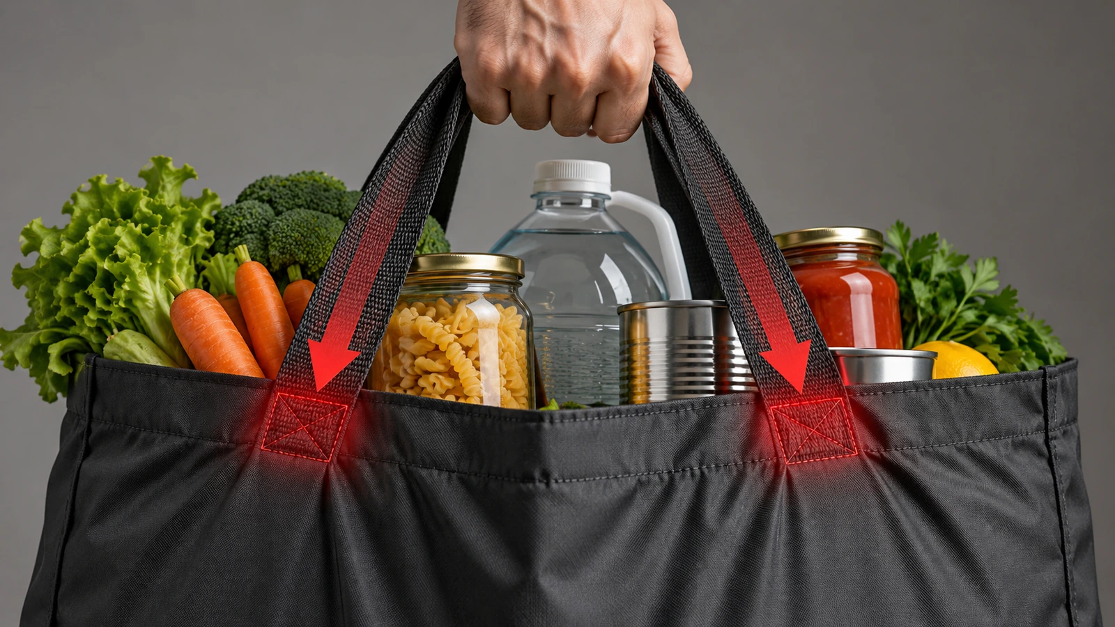 Большая нейлоновая сумка для покупок с тяжёлыми продуктами; стрелки показывают, что напряжение концентрируется в местах крепления ручек к корпусу