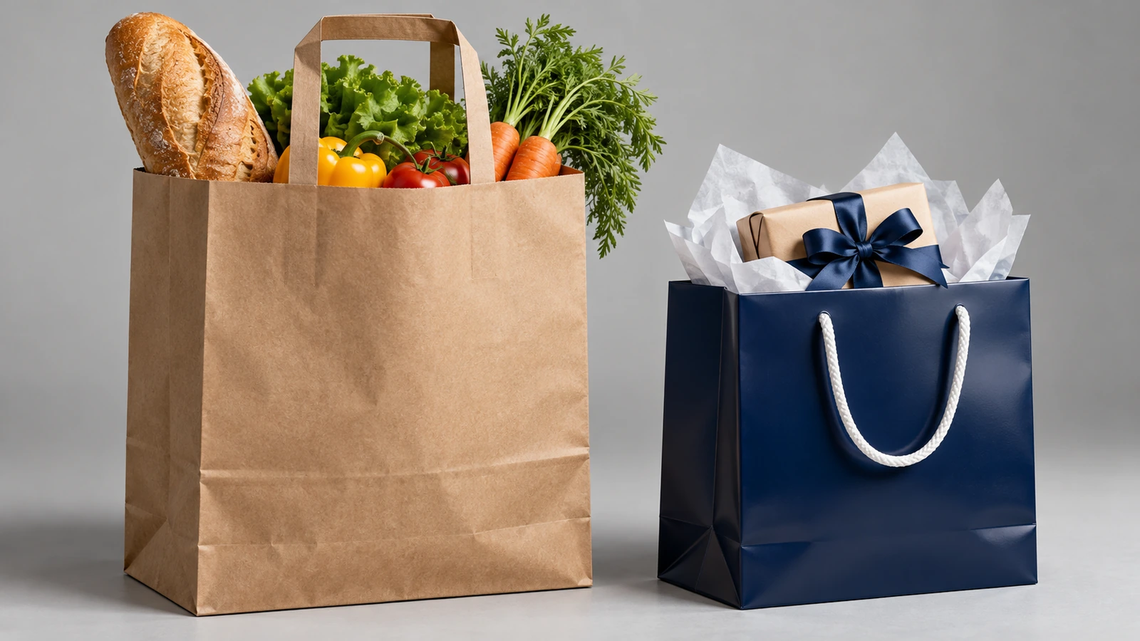 Коричневый крафт-пакет для продуктов с плоскими ручками рядом с глянцевым тёмным ламинированным подарочным пакетом из мелованной бумаги со шнуровыми ручками; поверхности обоих пакетов чистые