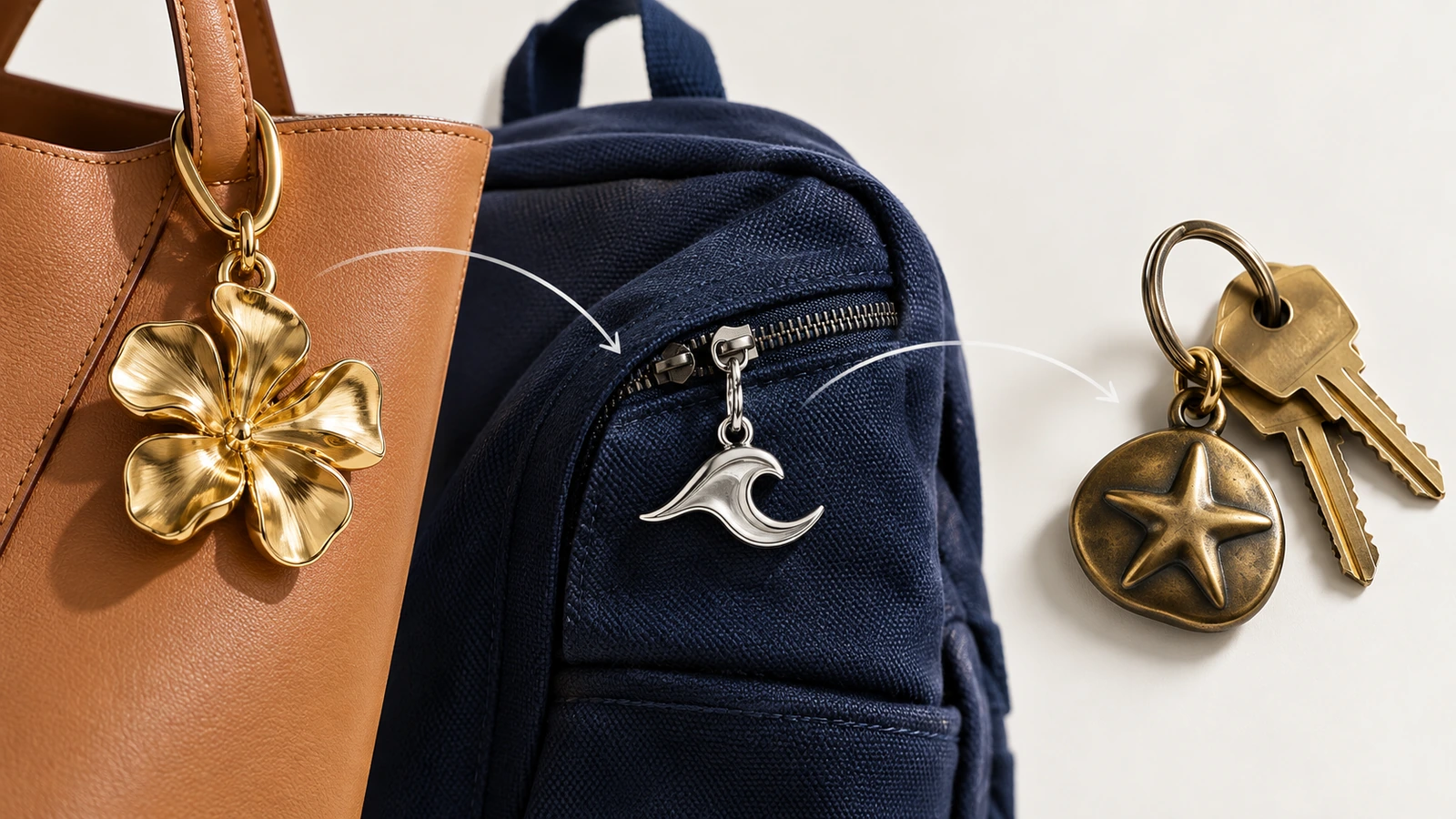 Сравнение трёх форматов металлических брелоков-подвесок: скульптурная подвеска для сумки на ручке шоппера, плоская подвеска на молнии рюкзака и скруглённая подвеска на кольце с ключами
