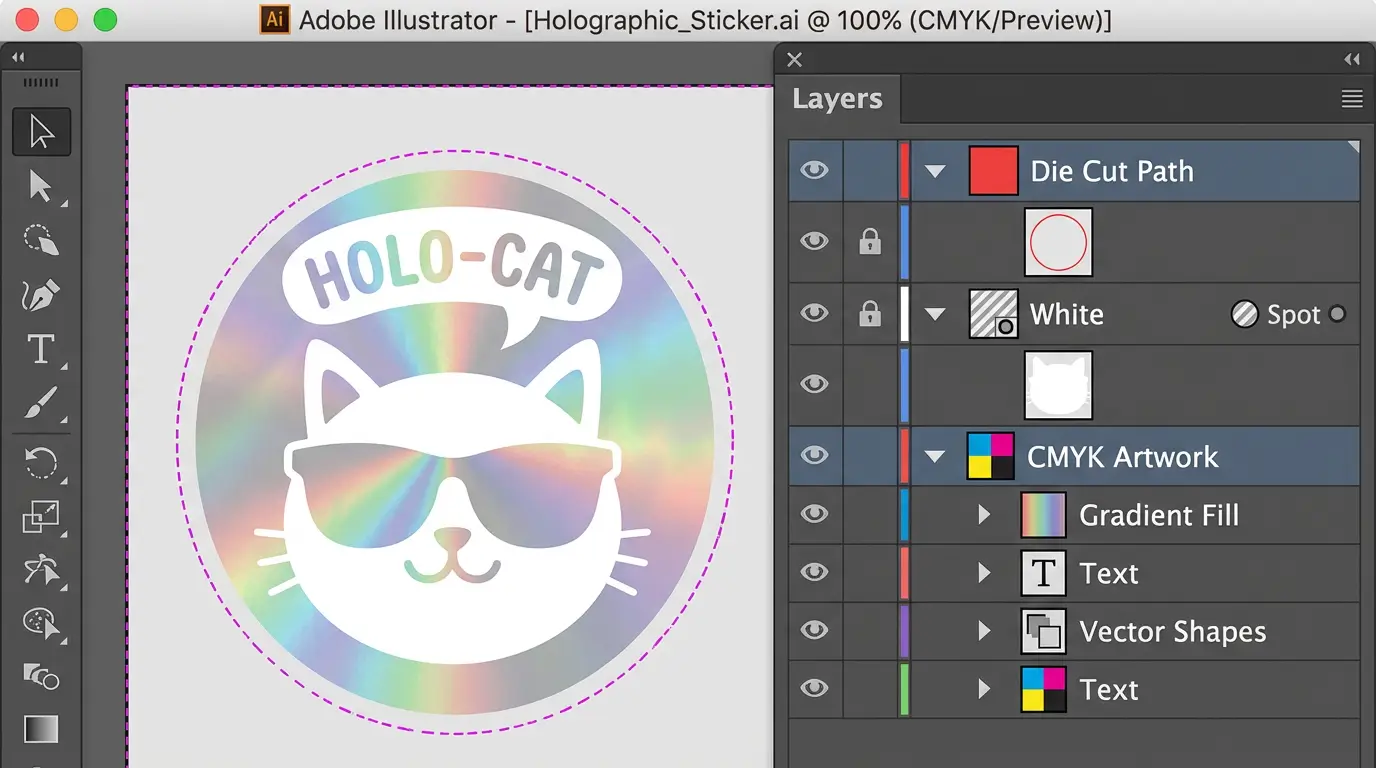 Adobe Illustrator layer panel showing white ink spot color layer setup for holographic printing