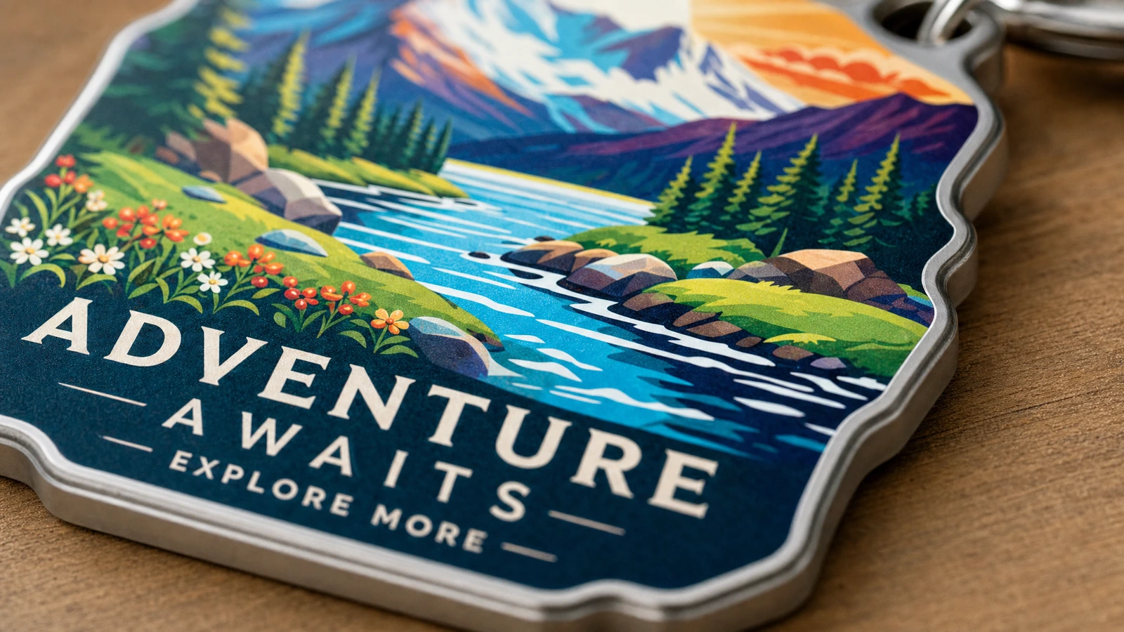 Крупный план фигурного пейзажного брелока с горами, рекой и надписью Adventure Awaits
