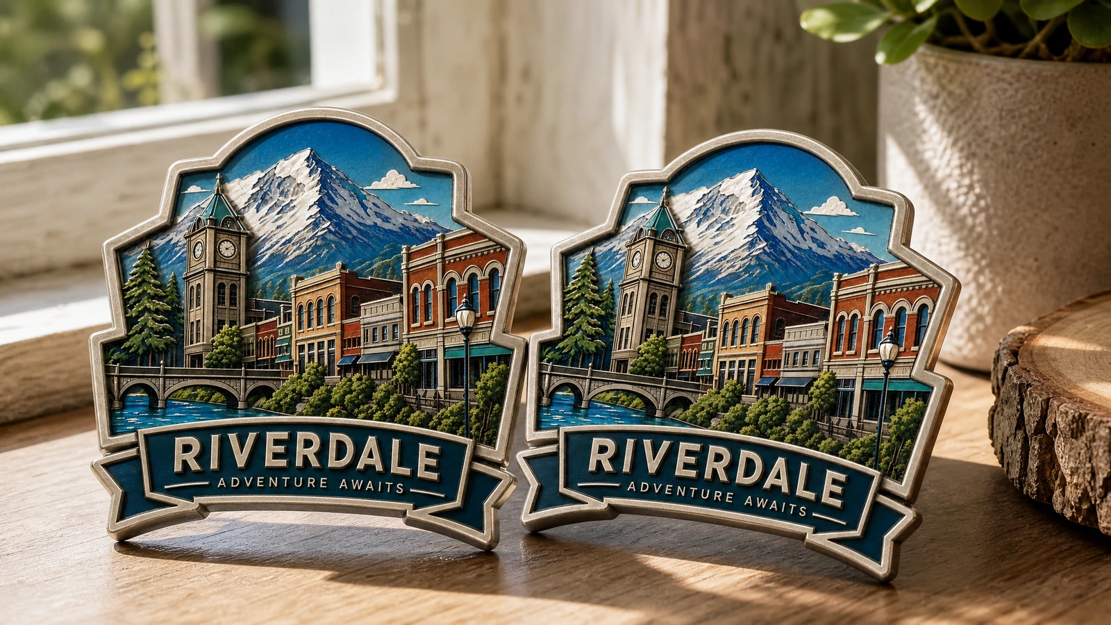 Два сувенирных магнита на витрине Иллюстрация: пара сувенирных магнитов Riverdale на деревянном подоконнике