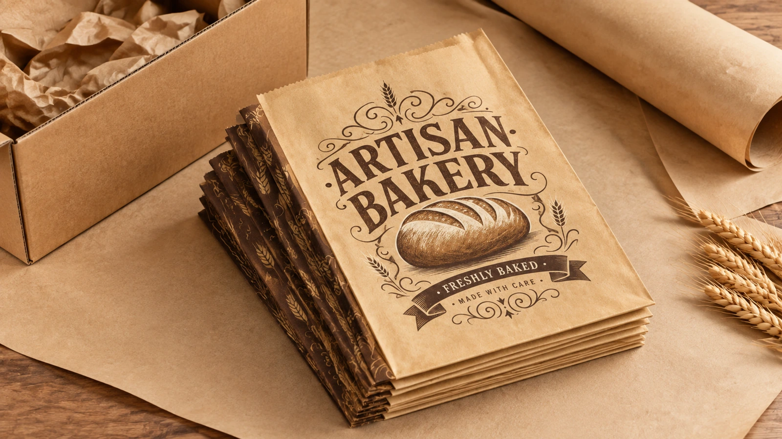 Плоские пакеты для выпечки и упаковочные материалы Стопка плоских пакетов ARTISAN BAKERY рядом с картонной коробкой, упаковочной бумагой и пшеницей