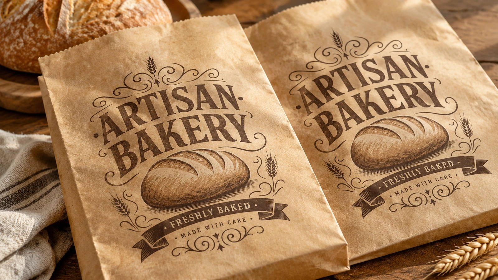 Пакеты для выпечки рядом с хлебом Два коричневых пакета ARTISAN BAKERY рядом с хлебом и пшеницей