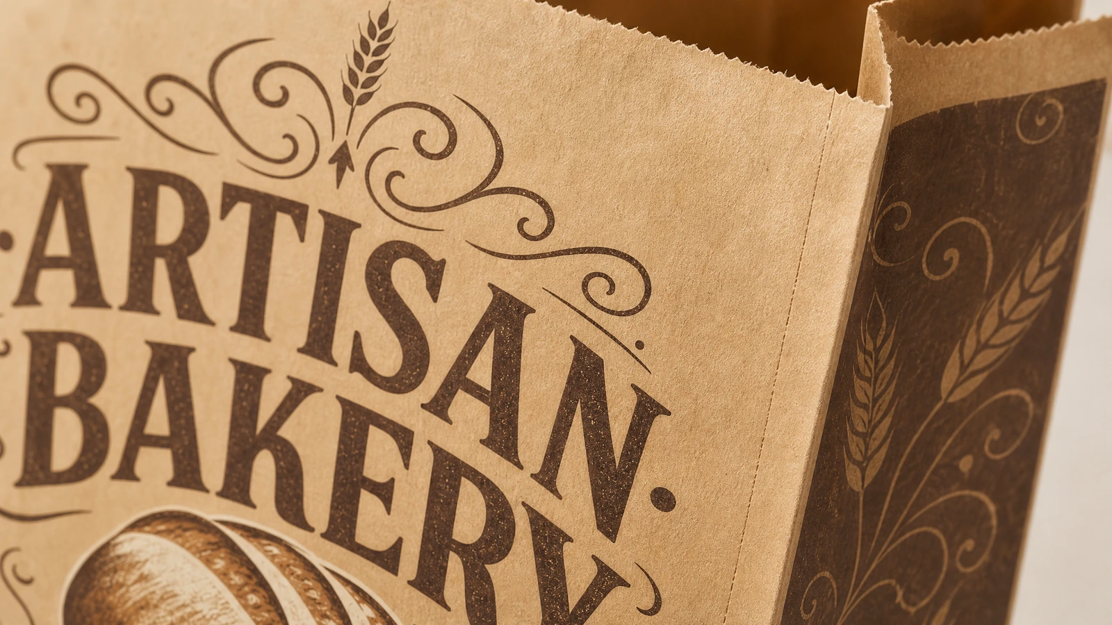 Деталь печати и открытия пакета для выпечки Крупный план печати ARTISAN BAKERY и зубчатого открытия пакета