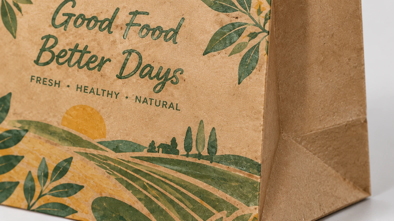 Печатная поверхность коричневой бумаги Крупный план надписи «Good Food Better Days» и сельской графики на коричневой бумаге