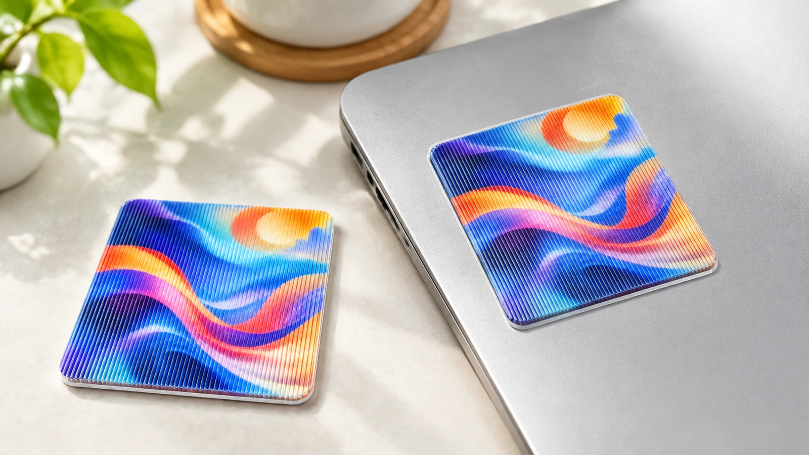 Цветные квадратные лентикулярные образцы на столе и закрытом ноутбуке