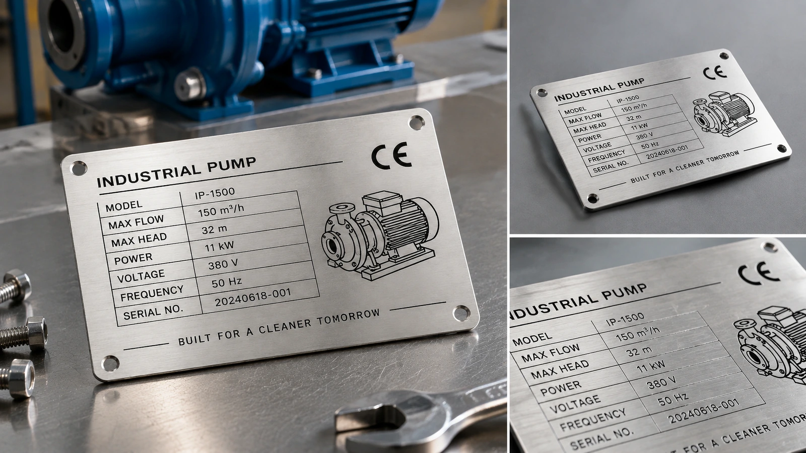 Обзор табличек и коллаж с деталями Коллаж: табличка промышленного насоса на рабочей поверхности мастерской, общий вид таблички и крупный план данных