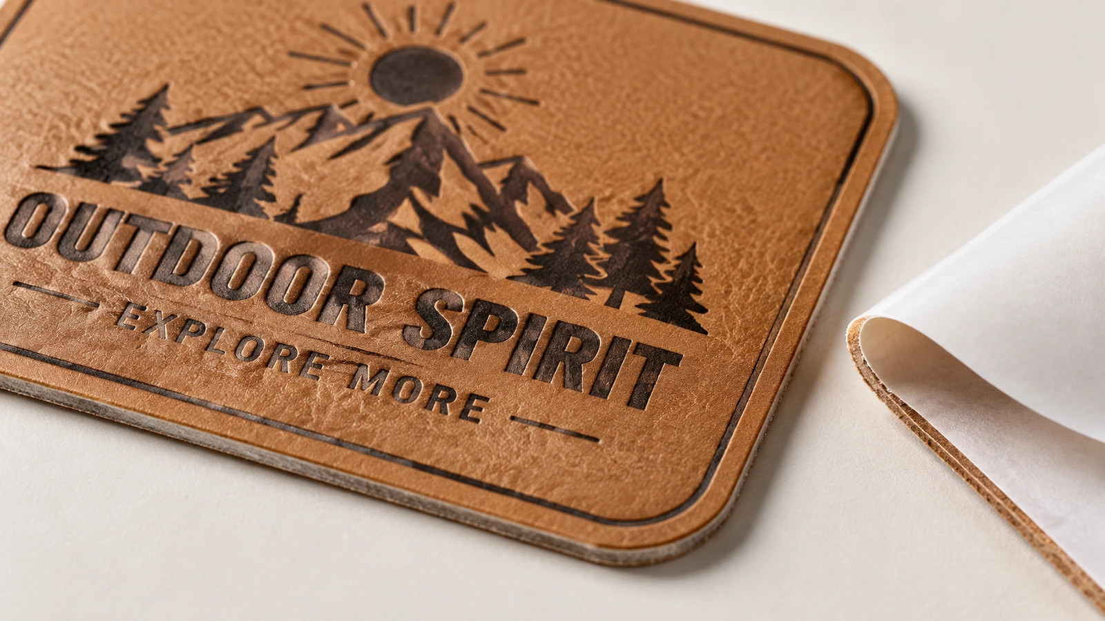 Крупный план рельефной коричневой этикетки из PU-кожи с логотипом горы Outdoor Spirit