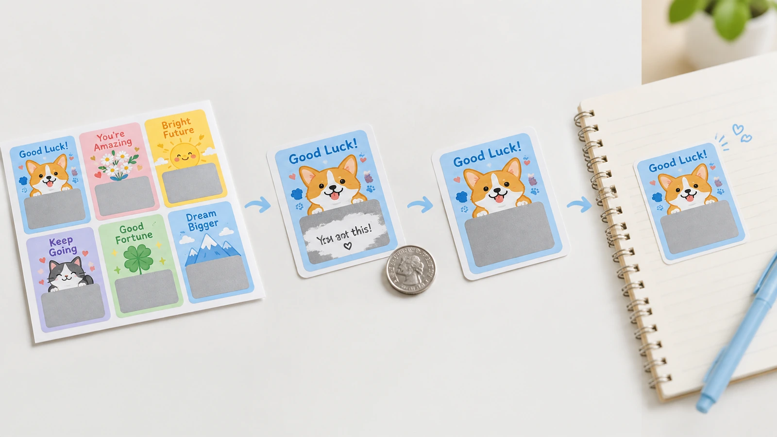 Открытие сообщения на наградной карточке и размещение на блокноте Иллюстрированная последовательность: наградная карточка с открытым сообщением, закрытой панелью и её размещением на блокноте