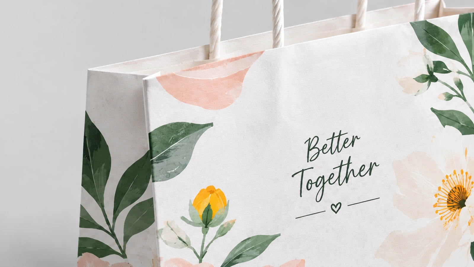 Печатная бумага и витые ручки Крупный план цветочного рисунка, надписи Better Together и витых бумажных ручек